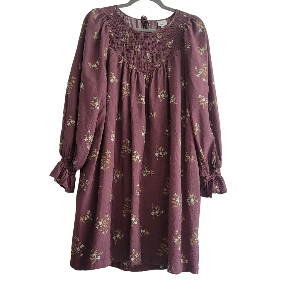 A New Day Women Small Mauve Floral Long Sleeve Smocked Cottagecore Shift Dress